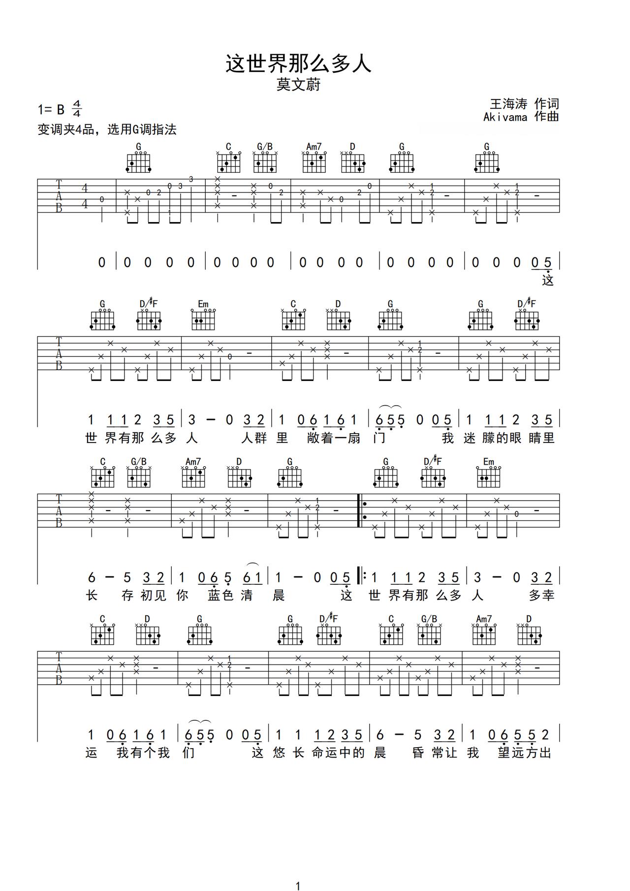 《这世界那么多人》吉他简谱B/Cb弹唱谱莫文蔚