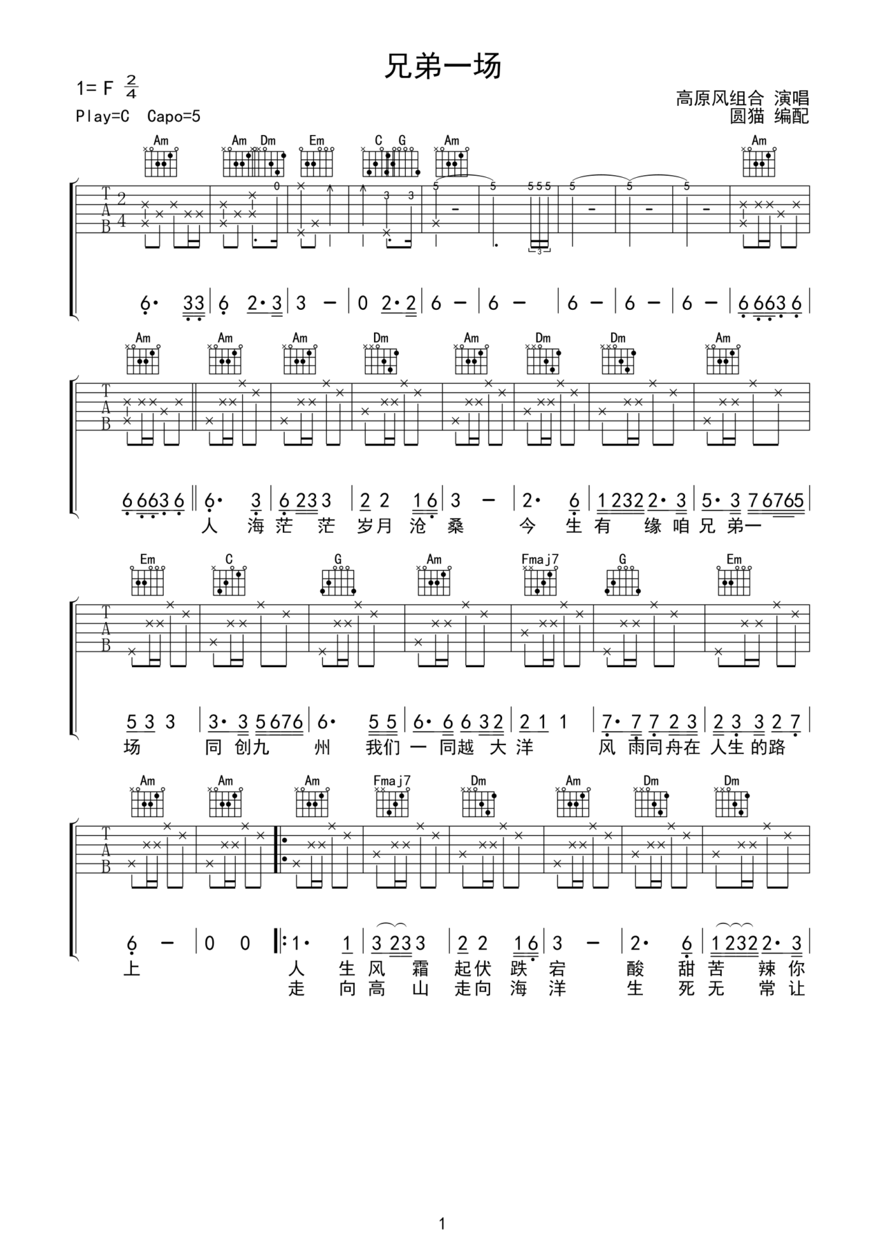 《兄弟一场》吉他简谱F调弹唱谱高原风组合