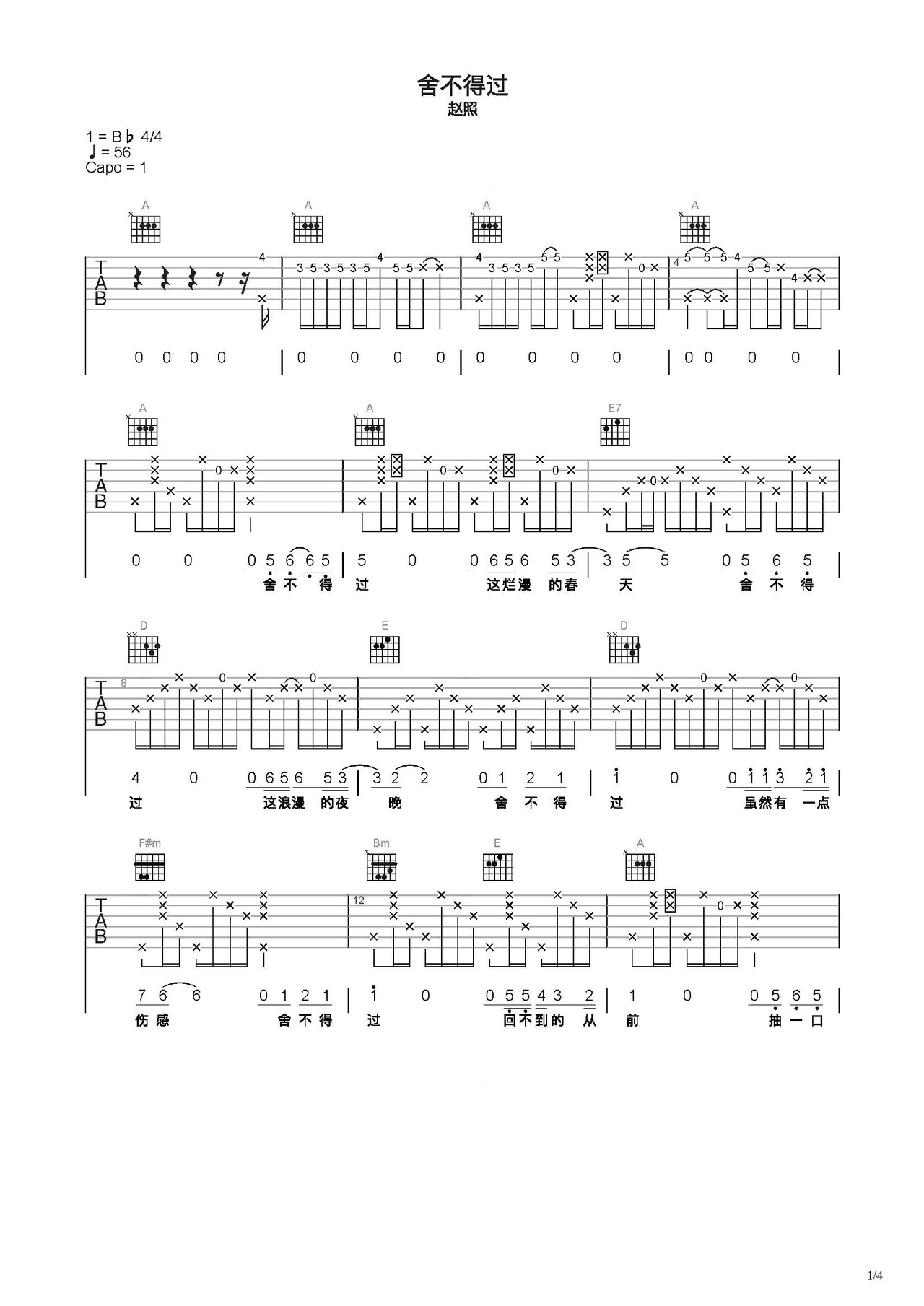 《舍不得过》吉他简谱C调弹唱谱赵照