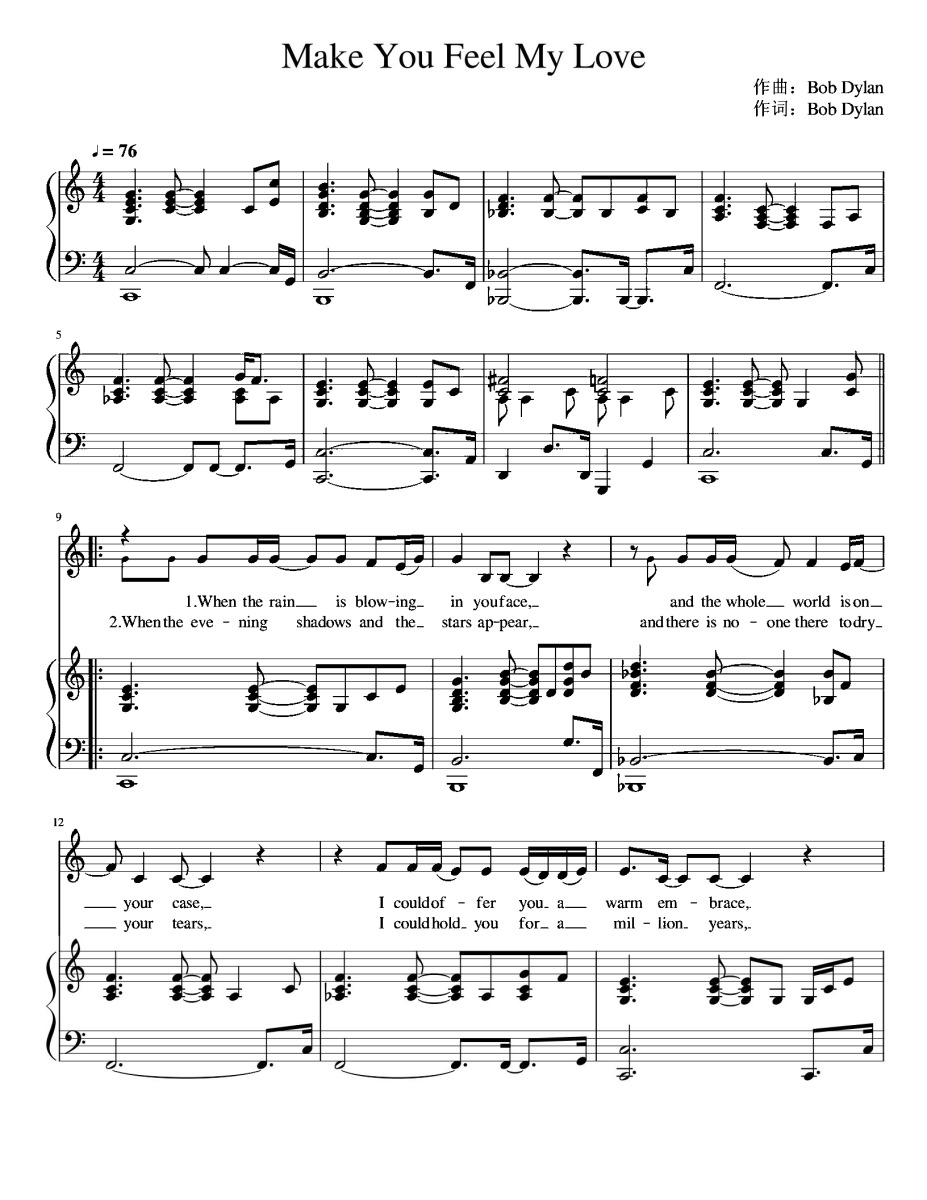 《Make You Feel My Love》钢琴五线谱c调弹唱版